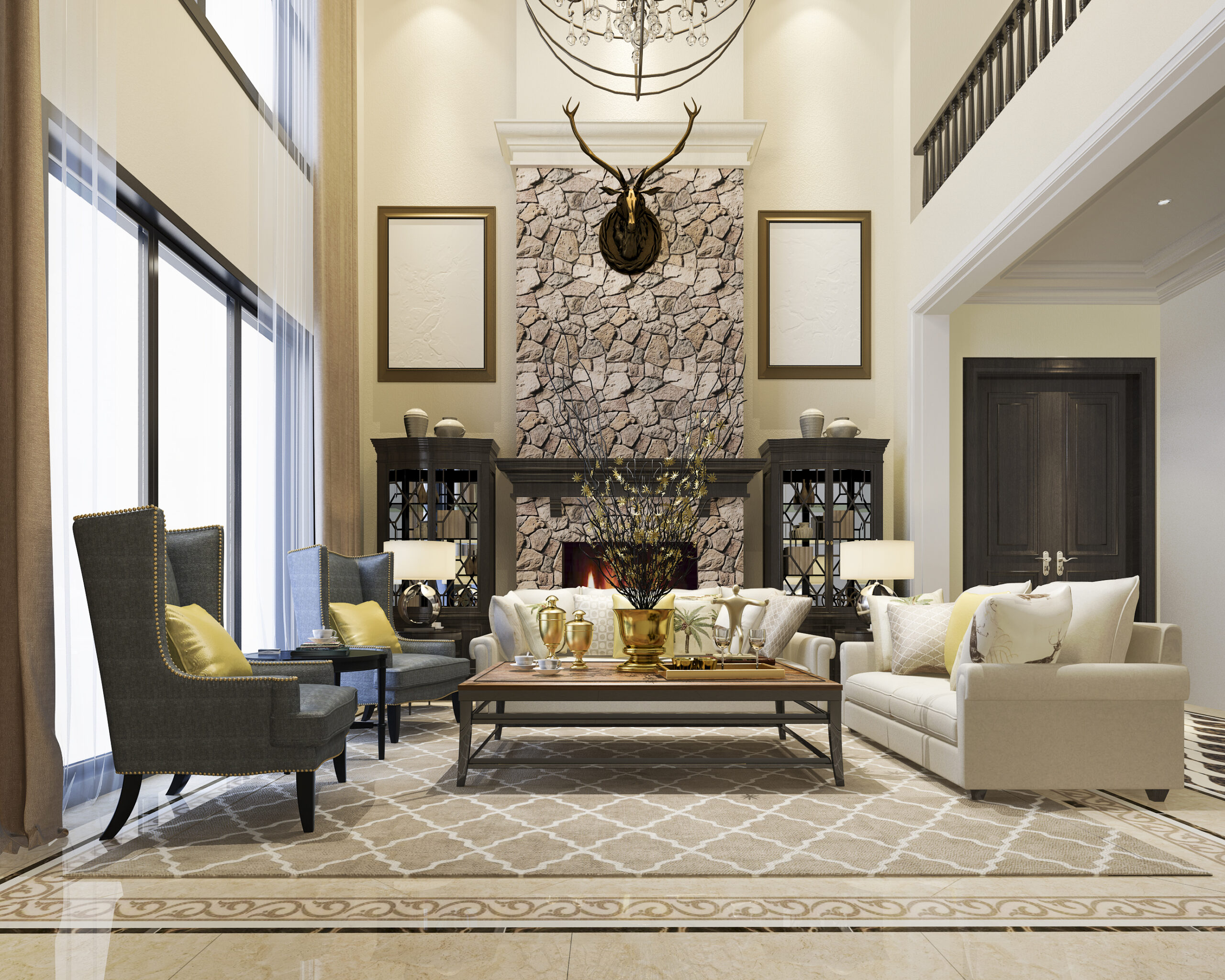 3d rendering luxury and modern classic living room with european style