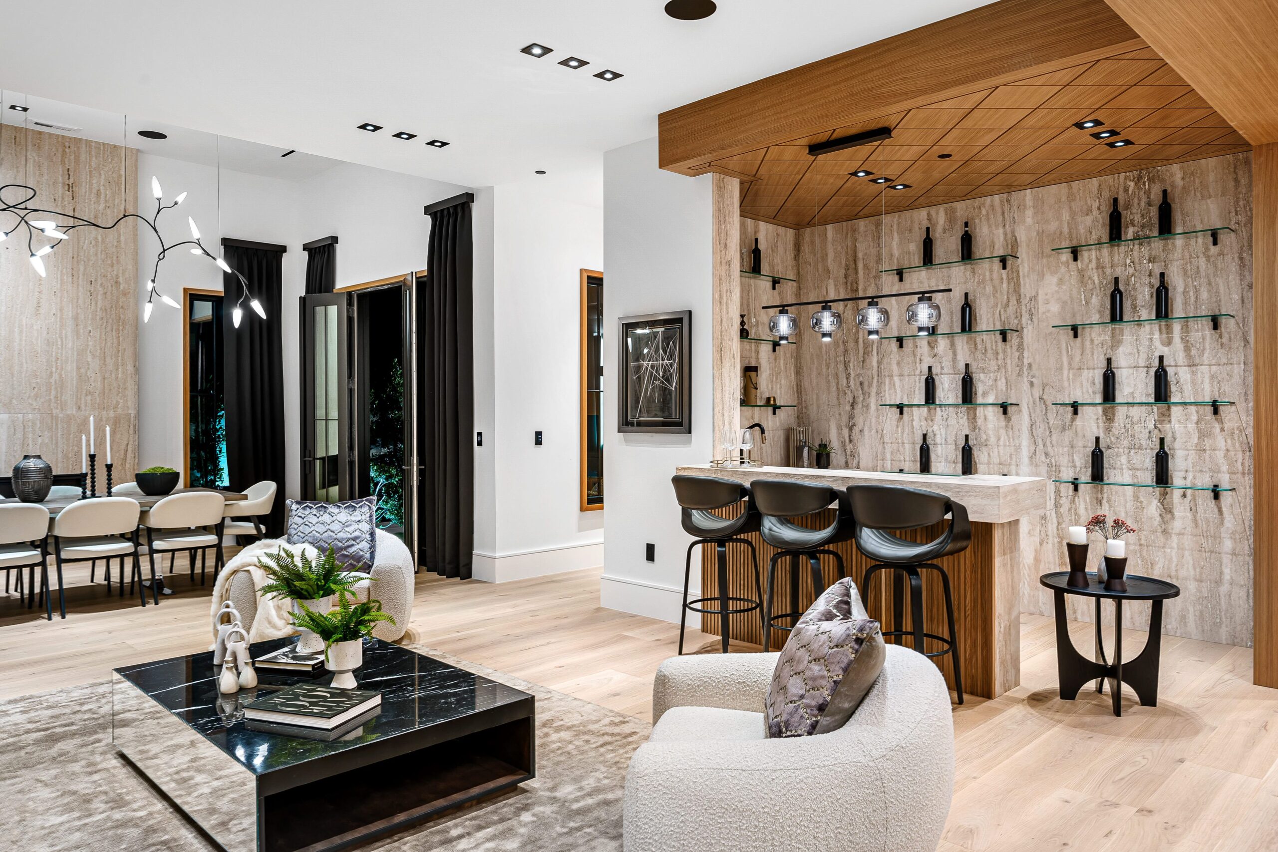 Modern living room with stylish bar and contemporary furniture